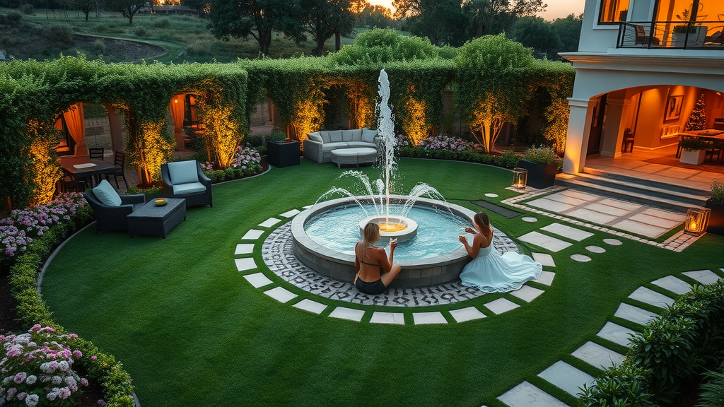 luxury landscaping backyard with elegant water feature, manicured lawn, modern mood lighting, golden hour