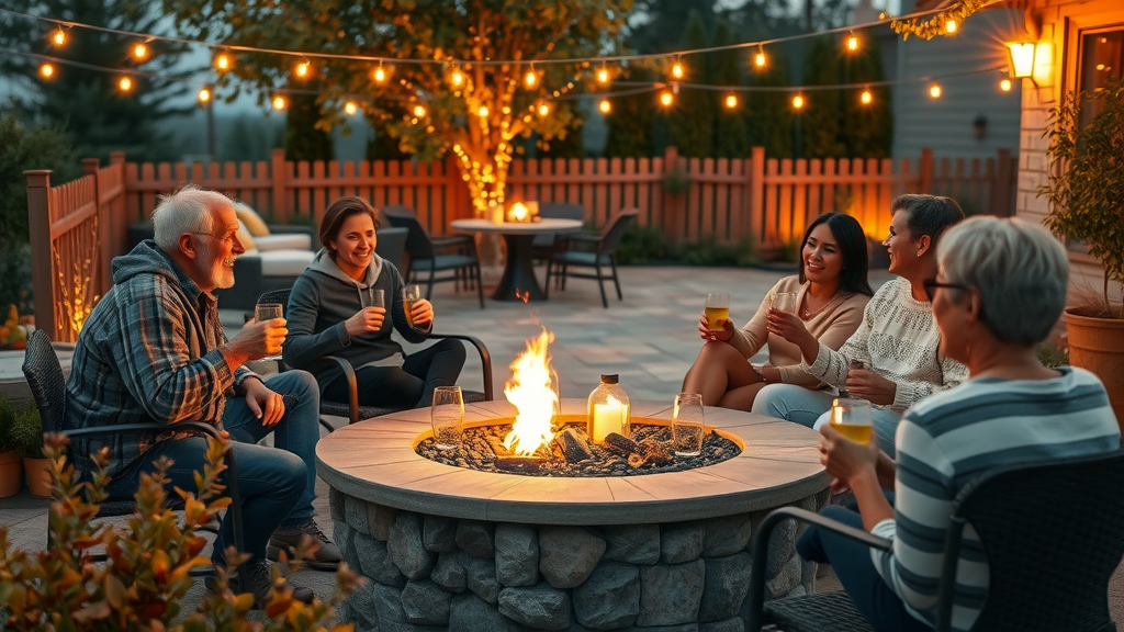 luxurious outdoor living space with cozy fire pit, families and friends relaxing, high-end landscaping, lush softscapes, built-in fire features, evening lighting