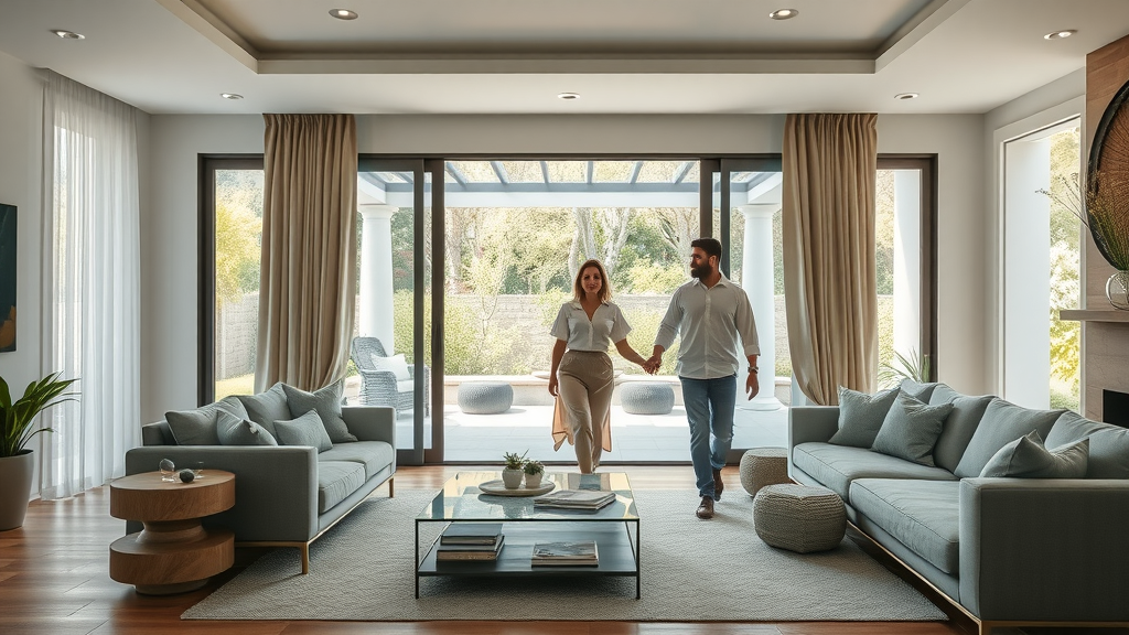 elegant contemporary living room opening to a luxury outdoor living space, seamless transition, neutral tones with greenery