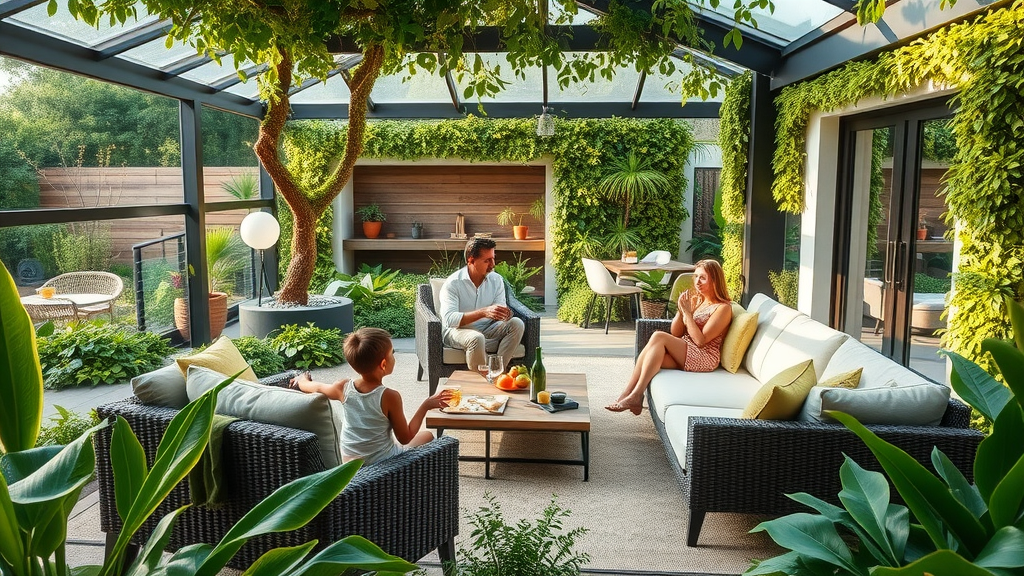 Trendy biophilic luxury outdoor living area with lush green walls, eco-friendly materials, family relaxing in a futuristic landscaped patio