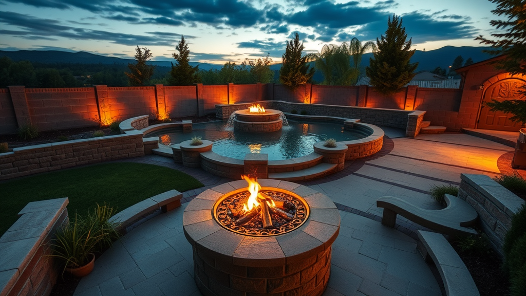 fire pit water feature retaining wall luxury hardscape outdoor living