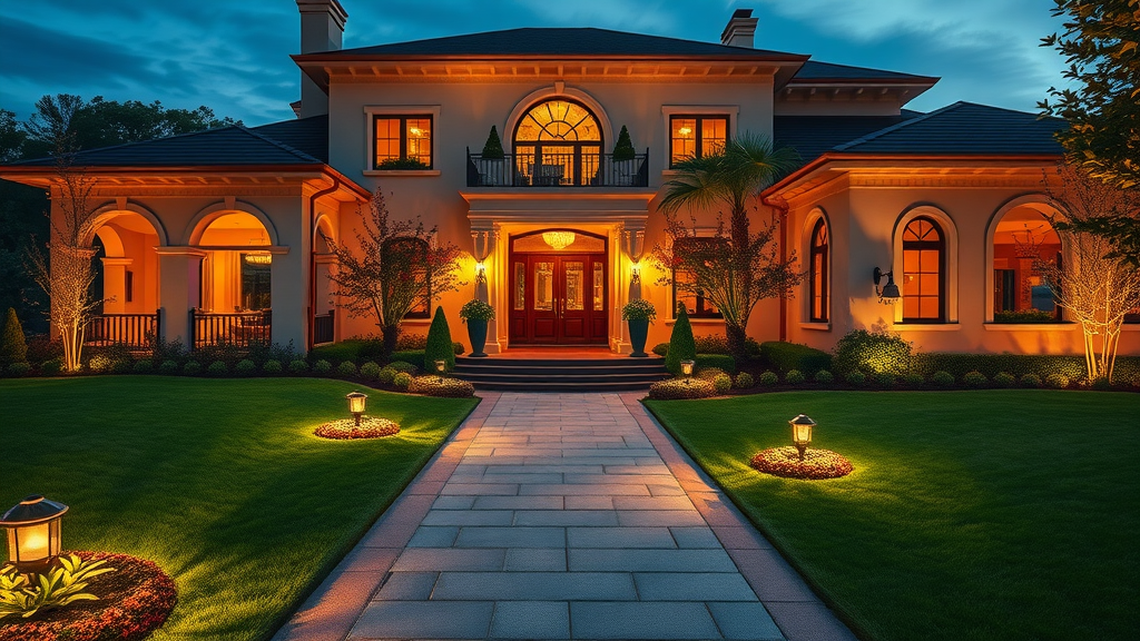 stunning luxury home exterior at dusk illuminated outdoor pathways warm lighting vibrant landscaped garden luxury landscape lighting