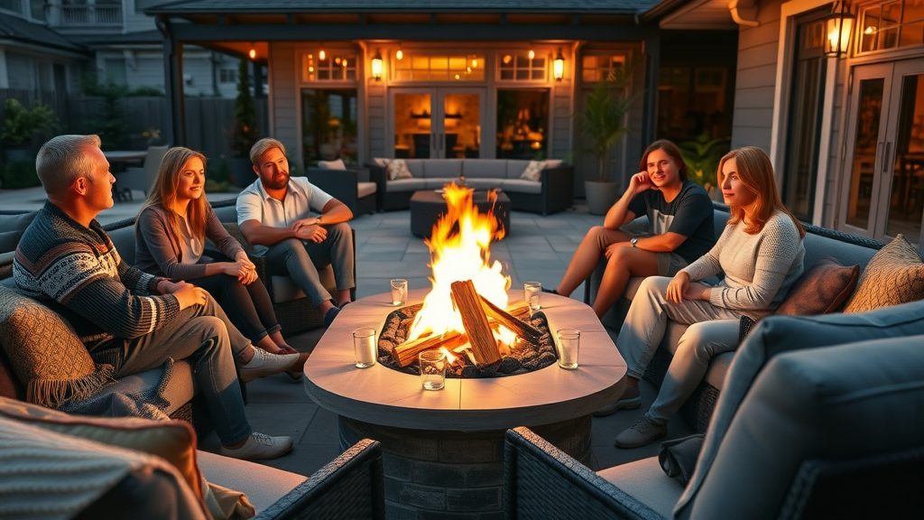 luxurious outdoor fire pit area with plush seating, inviting friends and family, luxury backyard transformation