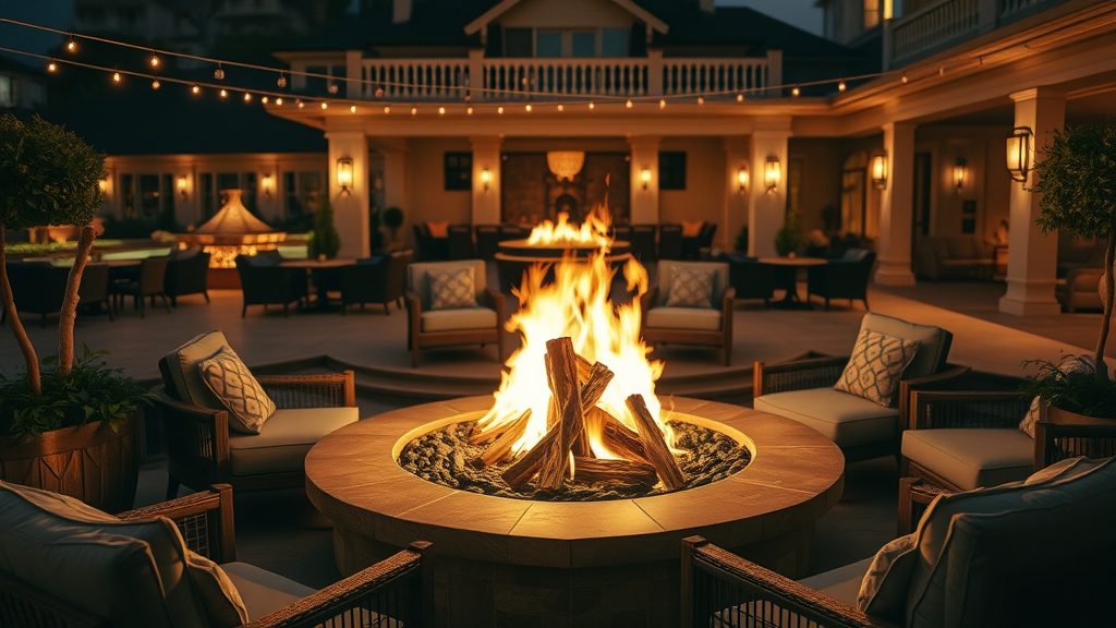inviting high-end outdoor lounge with grand fire pit, cozy atmosphere, flames dancing, Cinematic, elegantly furnished patio surrounded by night garden with subtle lighting, highly detailed, embers floating softly, rich neutral and gold hues, warm ambient lighting, shot with a 50mm lens.