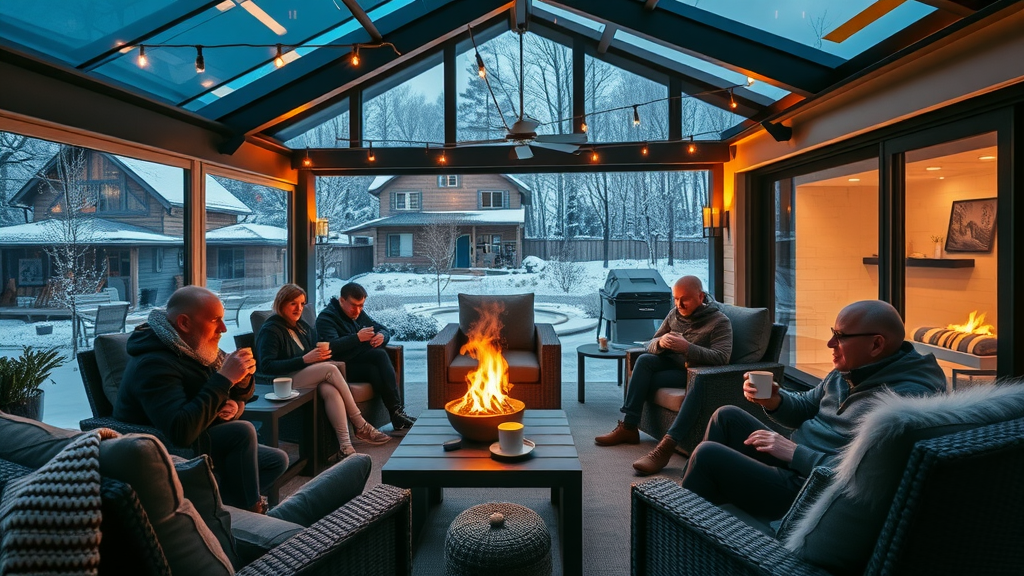 Cozy premium outdoor living space with retractable glass roof, modern fireplace, and heated floors, people relaxing in cold weather