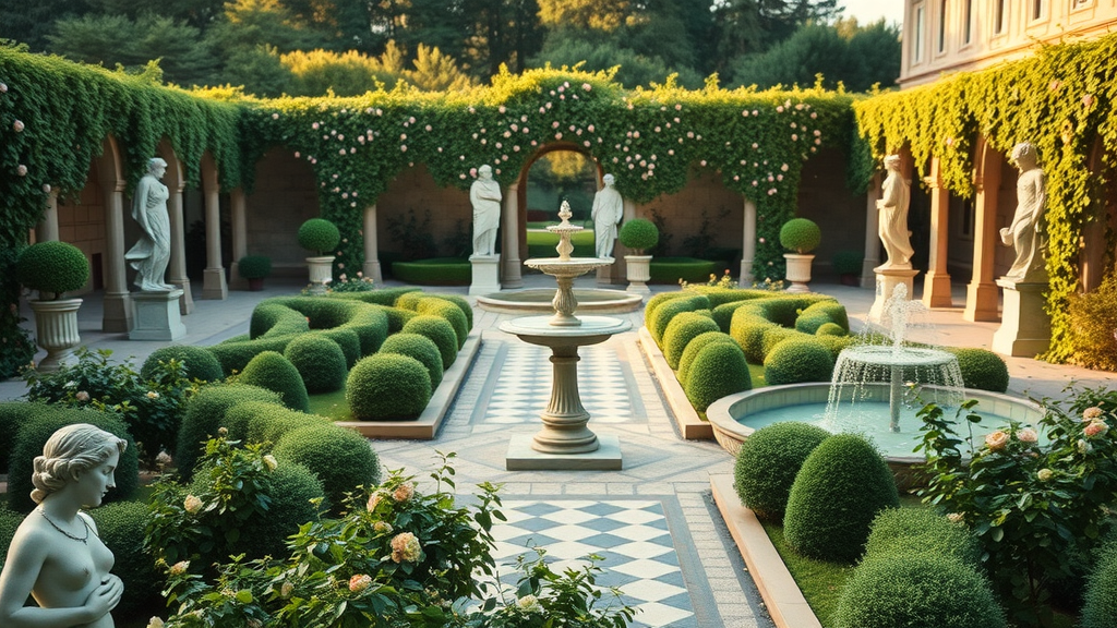 timeless formal garden classical statues ornamental fountains symmetry high-end garden design