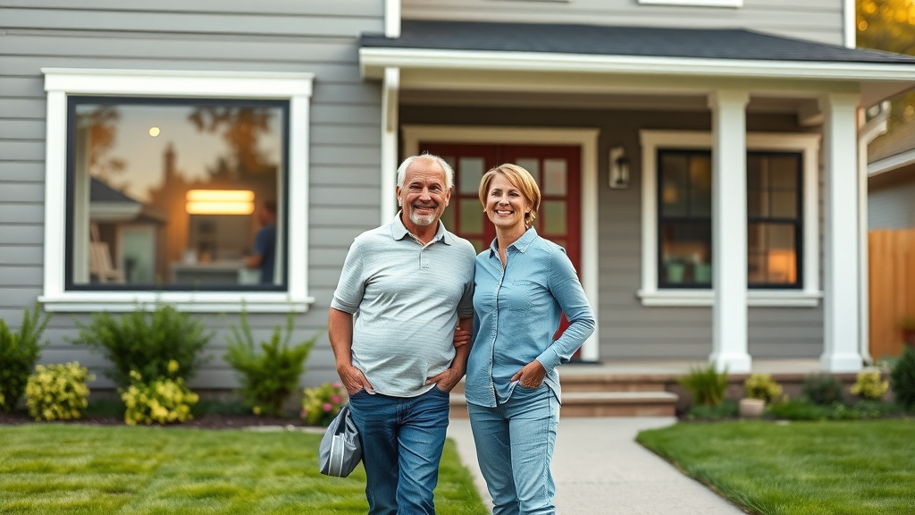 Homeowners reviewing new window siding door installation results, exterior view