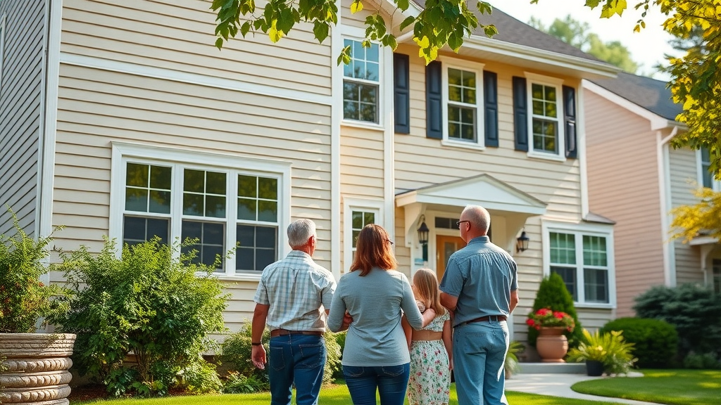 Family admires new energy-efficient window siding door installation, sunny exterior
